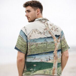 Rebel Vengeance Button Up Shirt Mens L Tapestry Graphic Japanese Art Mt Fuji